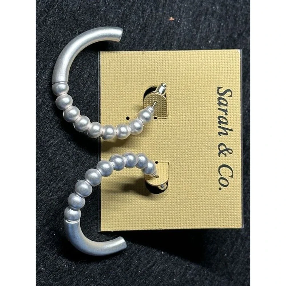Sarah & Co Silver Tone Textured Bead Half Hoop Earrings Boho Statement Style New